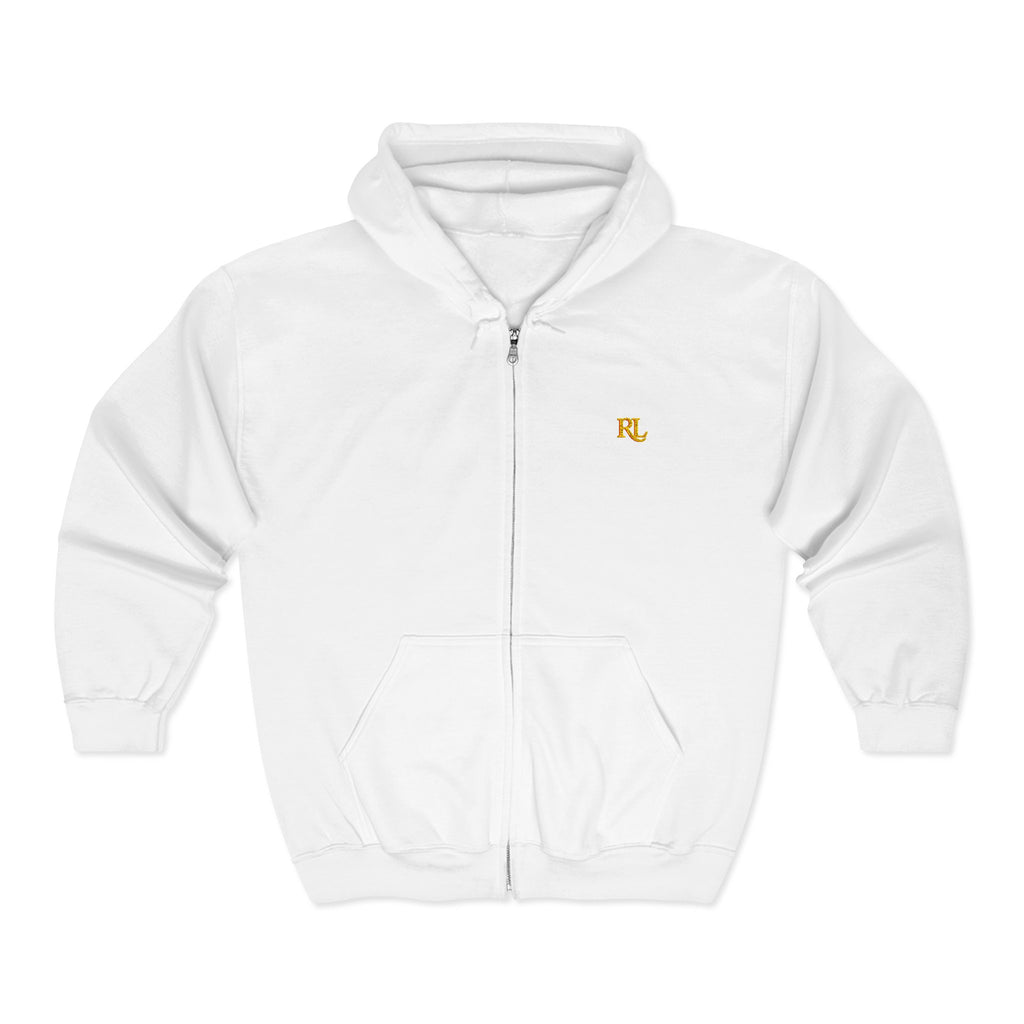 Minimalist RL Embroidered Zip Hoodie — White Full‑Zip Sweatshirt