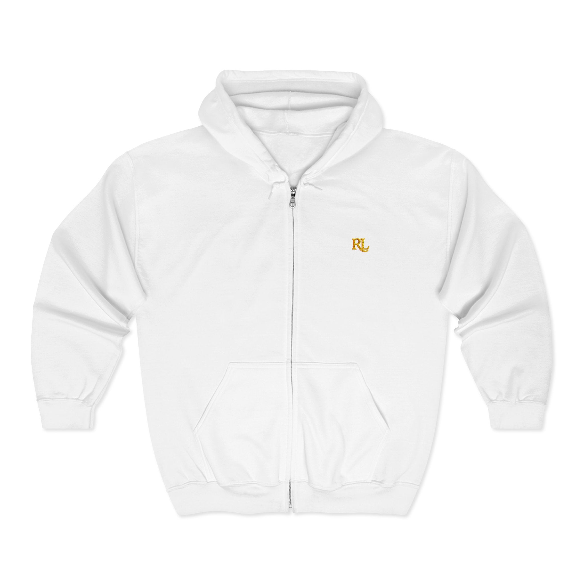 Minimalist RL Embroidered Zip Hoodie — White Full‑Zip Sweatshirt