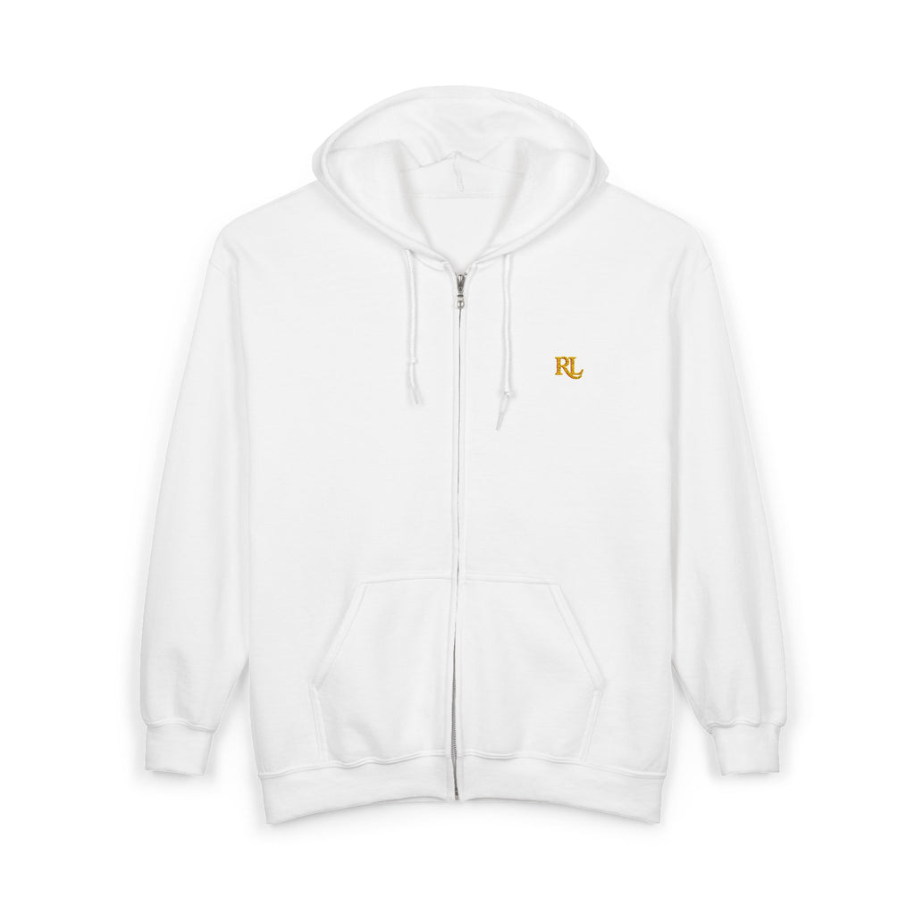 Minimalist RL Embroidered Zip Hoodie — White Full‑Zip Sweatshirt